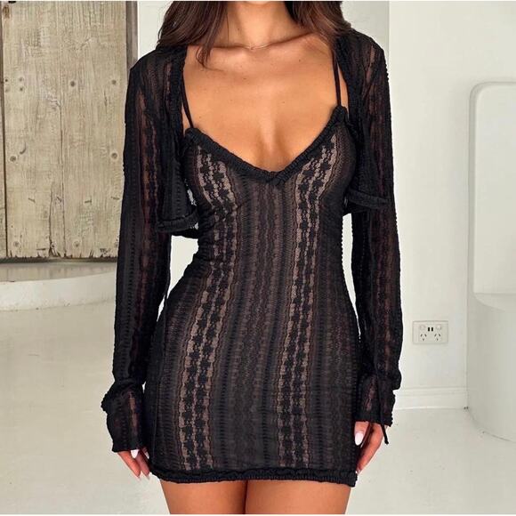 Tiger Mist Sopha Black Sheer Mesh Nude Lining Mini Dress Medium Party Clubwear - Picture 1 of 10